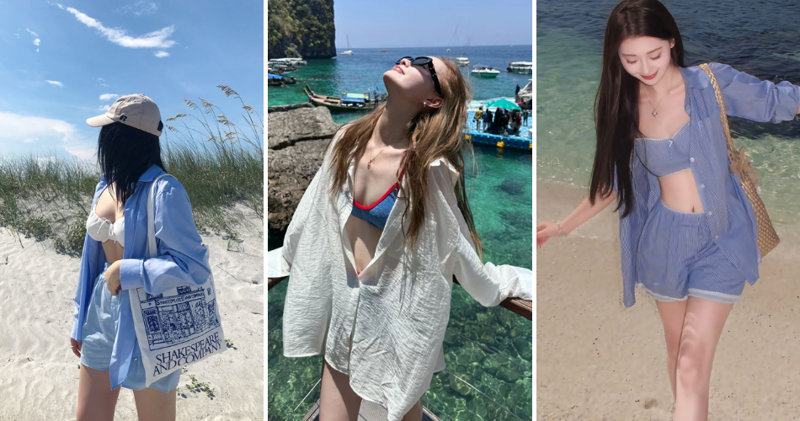 Áo sơ mi oversize bên ngoài bikini vô cùng cuốn hút và giấu dáng cực đỉnh.